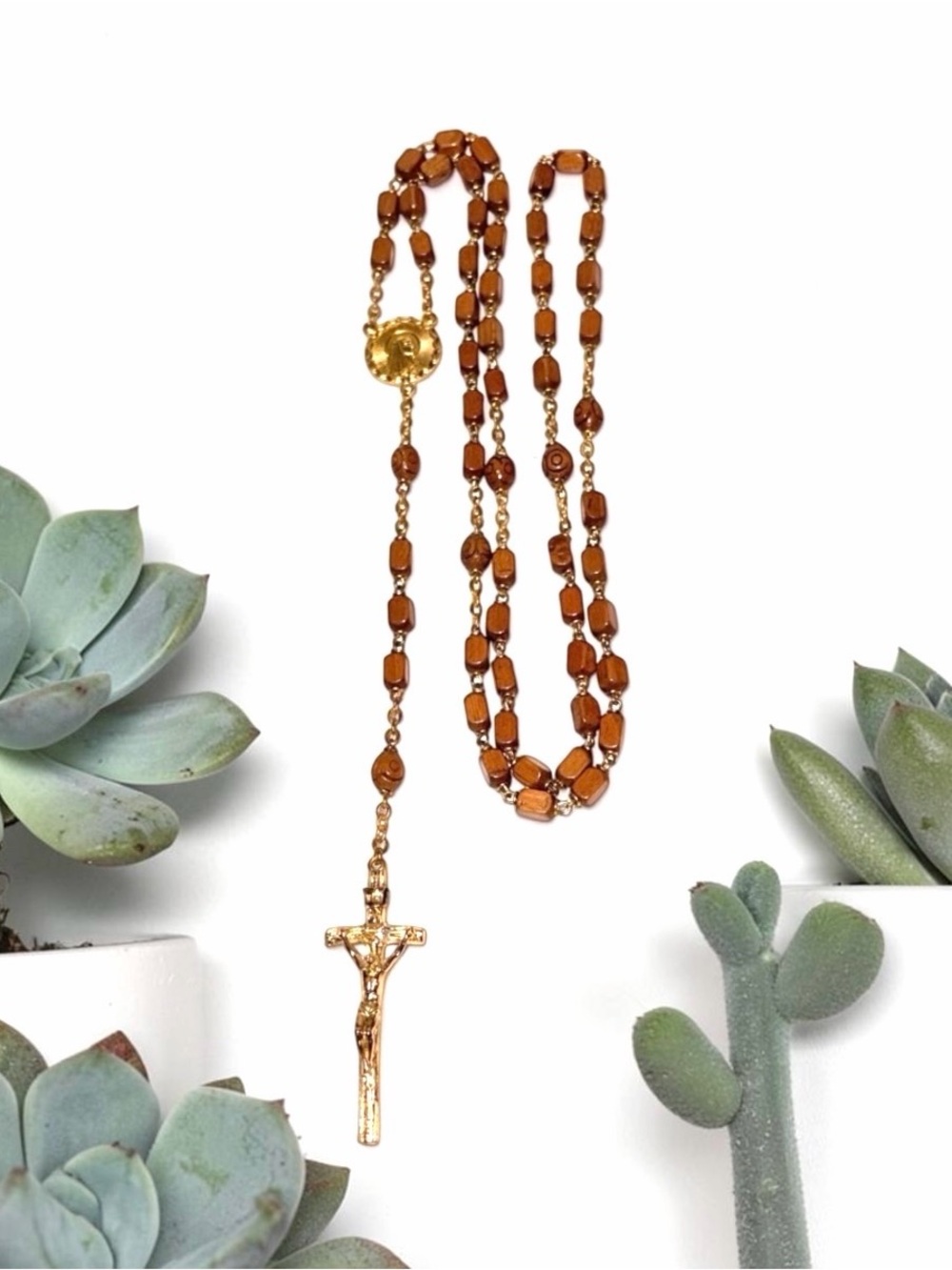 Vintage Wood Bead Rosary Gold Tone Lourdes Medal Crucifix Religious Necklace 24"